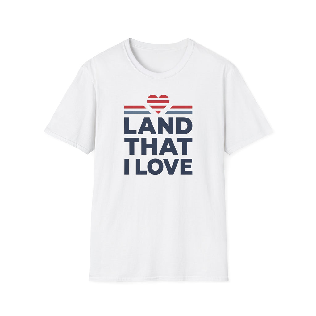 White T-shirt with “LAND THAT I LOVE” graphic, red heart above blue stripes, crew neck.