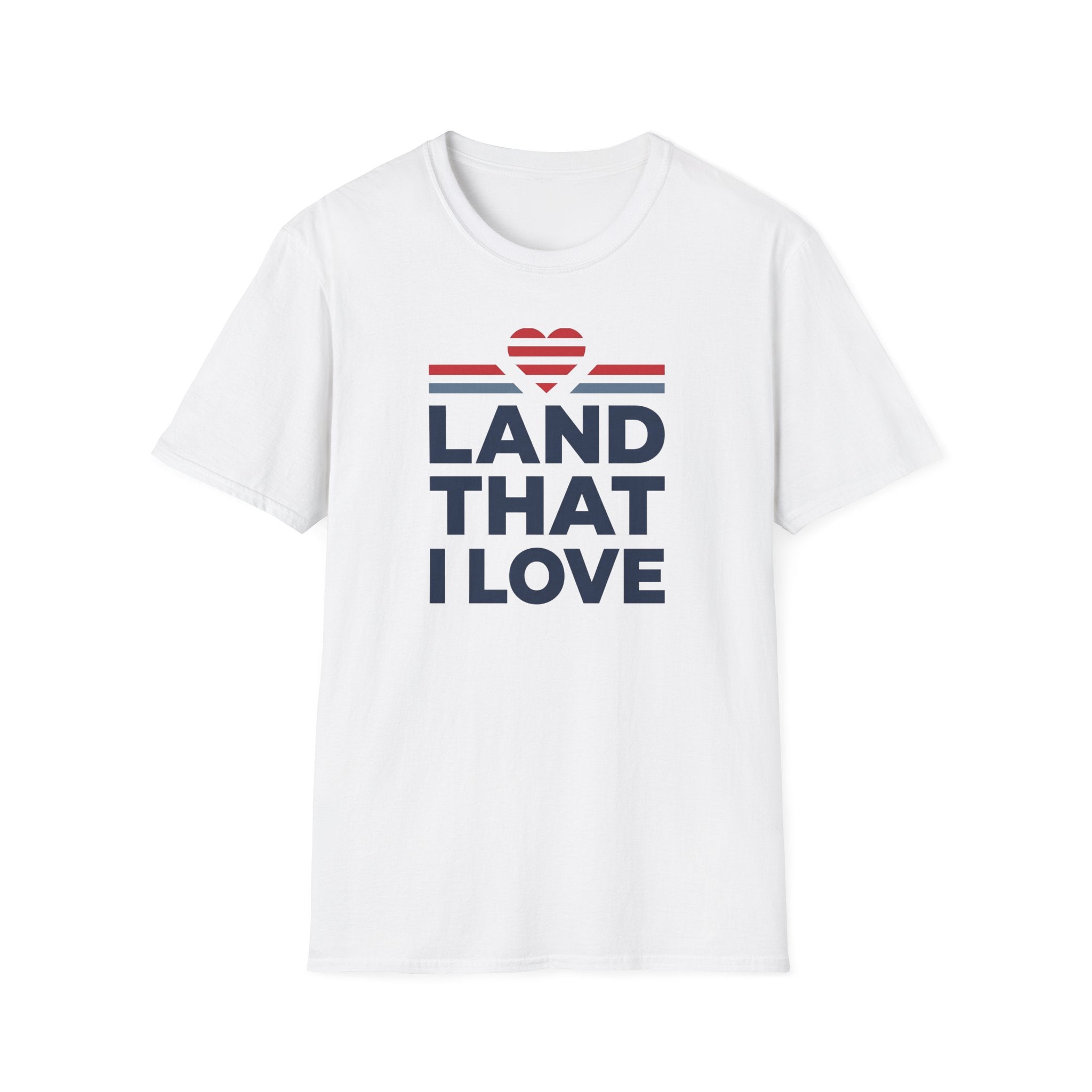 White T-shirt with “LAND THAT I LOVE” graphic, red heart above blue stripes, crew neck.