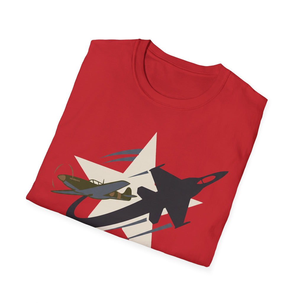 Red T-shirt with large military airplane graphic on front