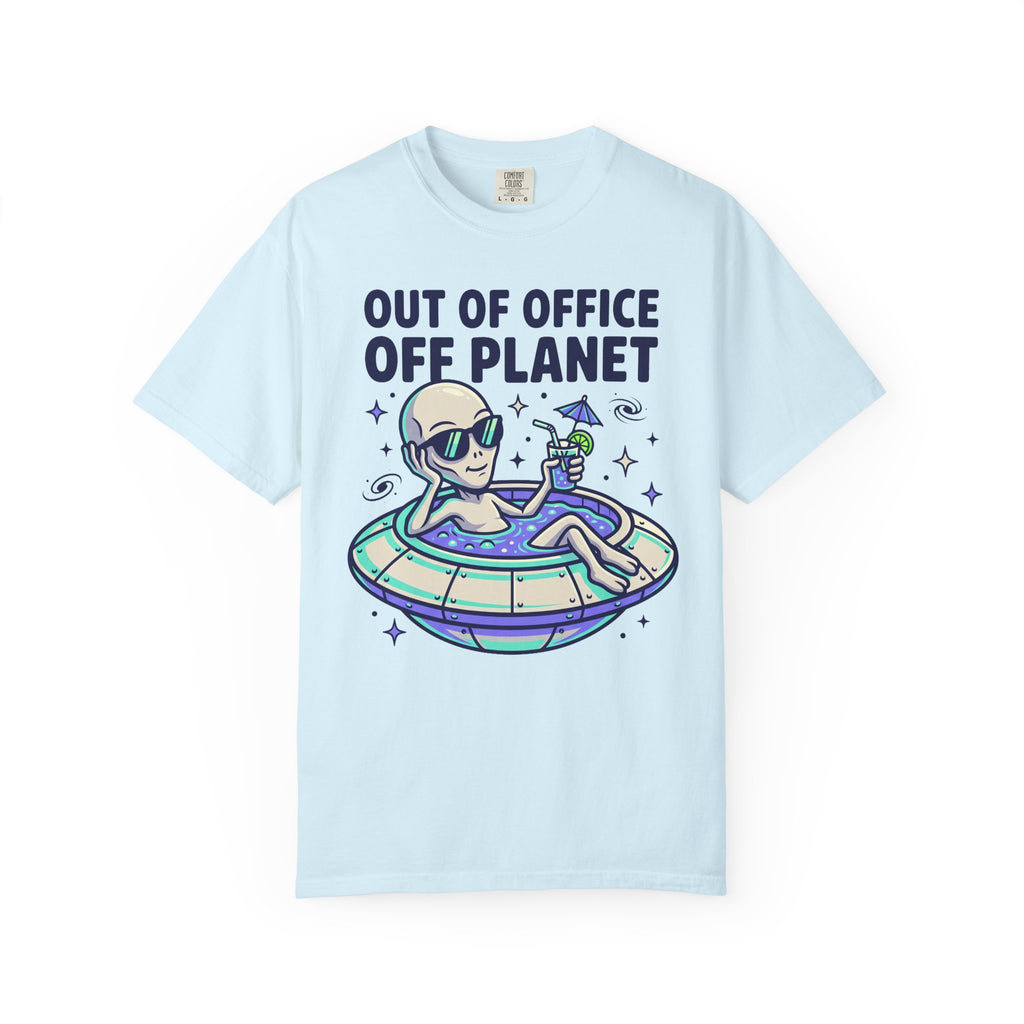Light blue alien floatie T-shirt with “OUT OF OFFICE OFF PLANET” graphic on front