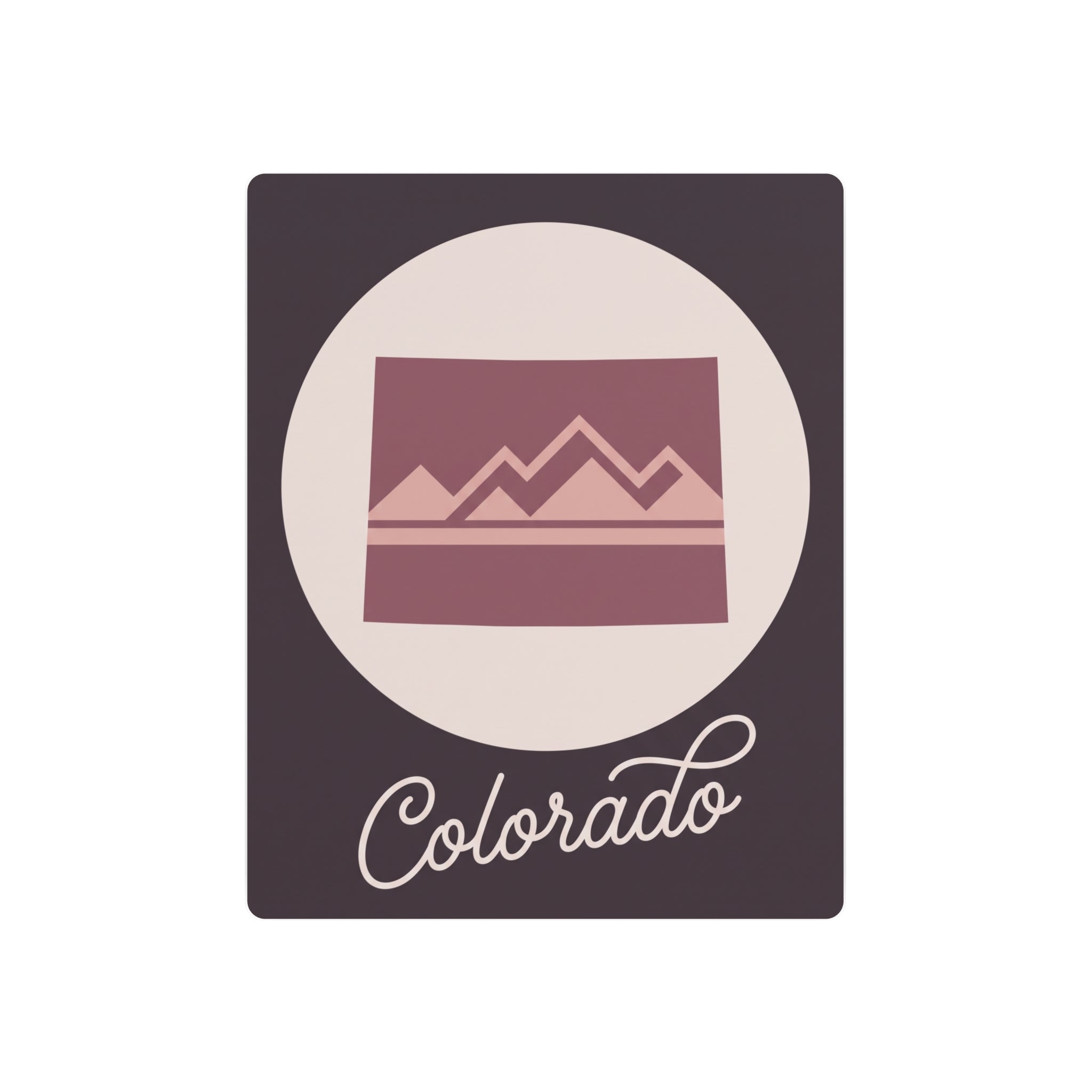 Mauve Colorado mountain metal wall art with cream circle and script "Colorado"