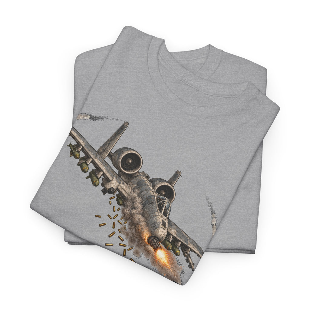 Light gray short-sleeve crewneck T-shirt with jet attack graphic on front.