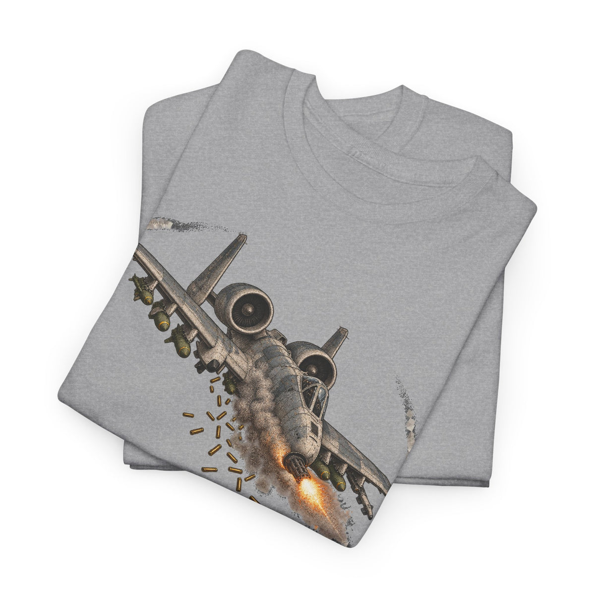 Light gray short-sleeve crewneck T-shirt with jet attack graphic on front.
