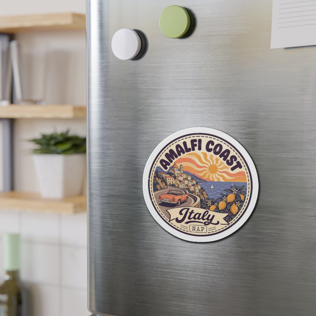 Die-cut Amalfi Coast vintage Italy travel magnet sticker on stainless steel fridge