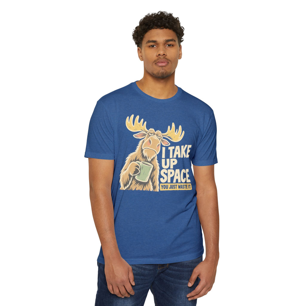 Light blue crewneck t-shirt with moose space graphic and “I Take Up Space” text