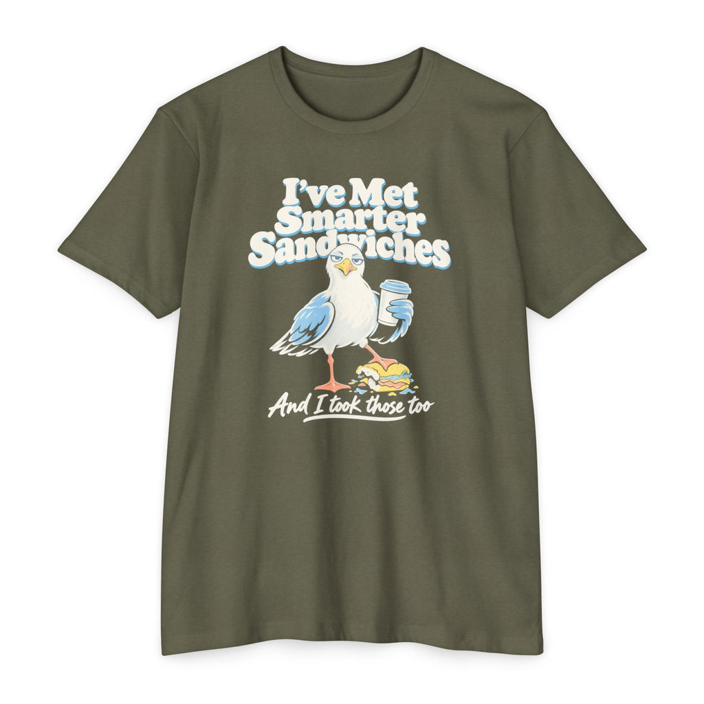 Olive green crewneck T-shirt with seagull graphic and text “I’ve Met Smarter Sandwiches”