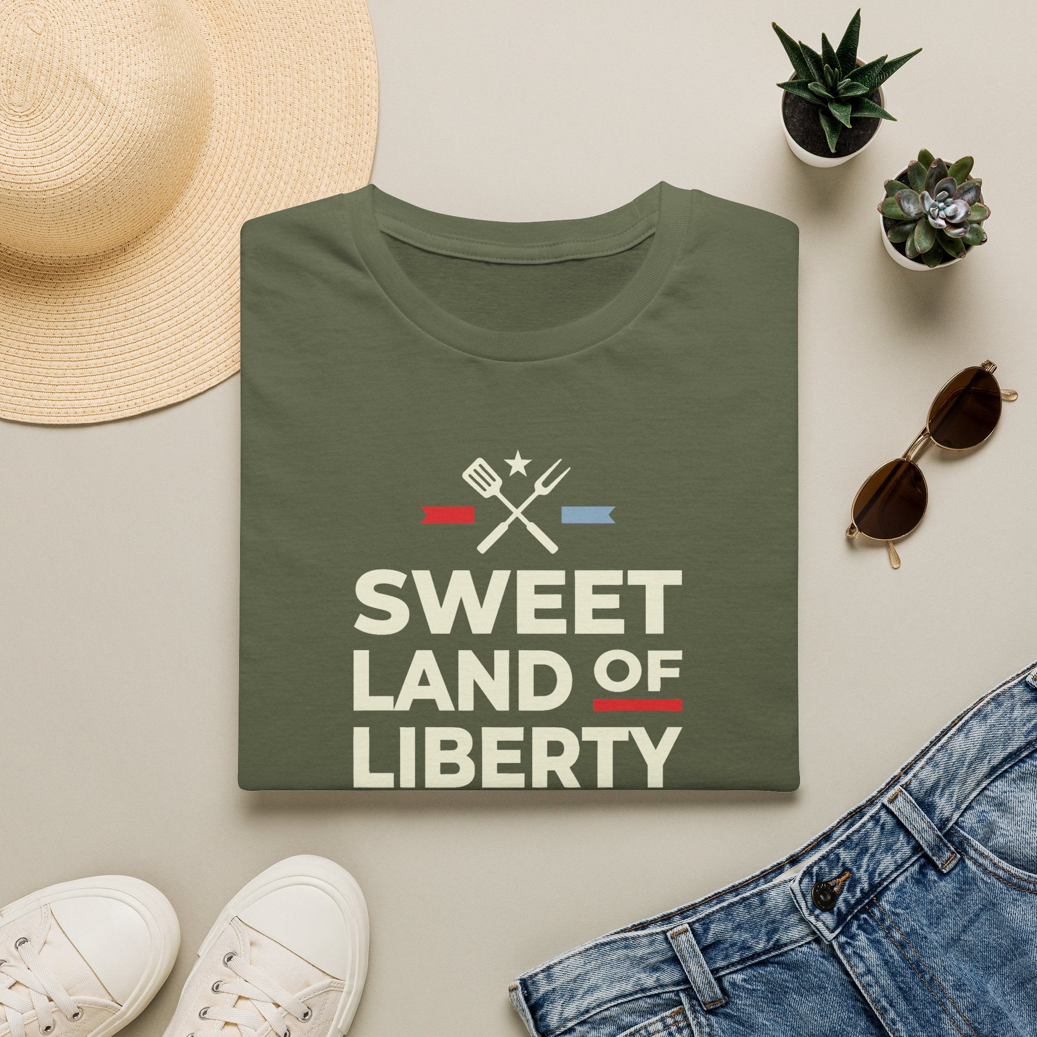 Military green 4th of July BBQ T-shirt with “Sweet Land of Liberty” grill graphic