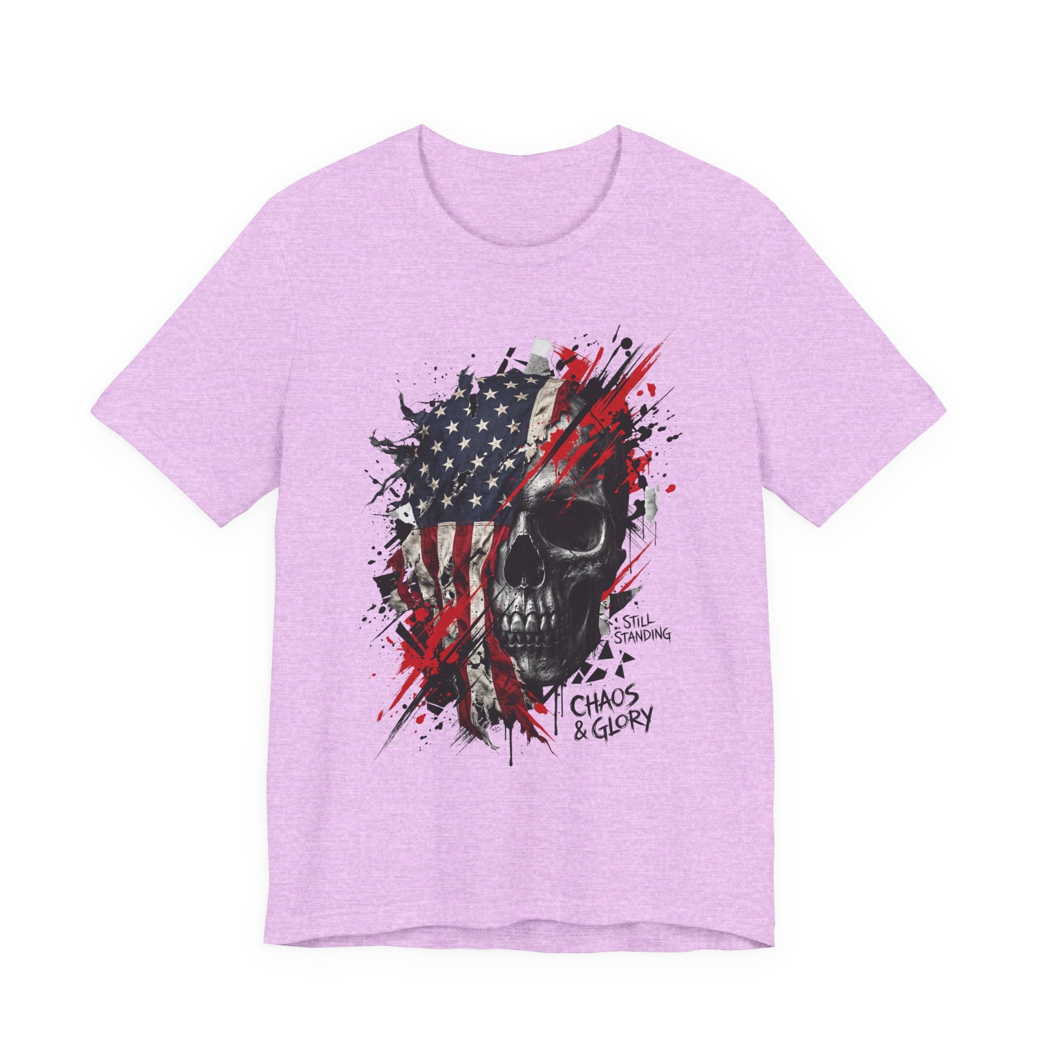 Lavender crewneck T-shirt with skull and American flag graphic on the chest