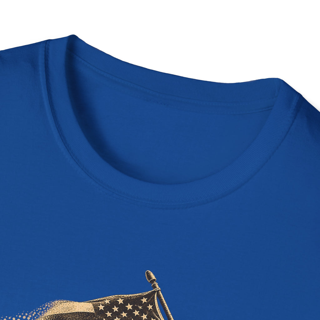 Royal blue crewneck T-shirt with soldier flag graphic, close-up neckline