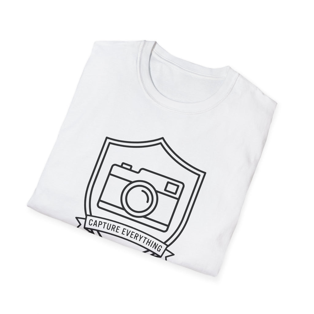 White T-shirt with camera emblem graphic and “Capture Everything” text