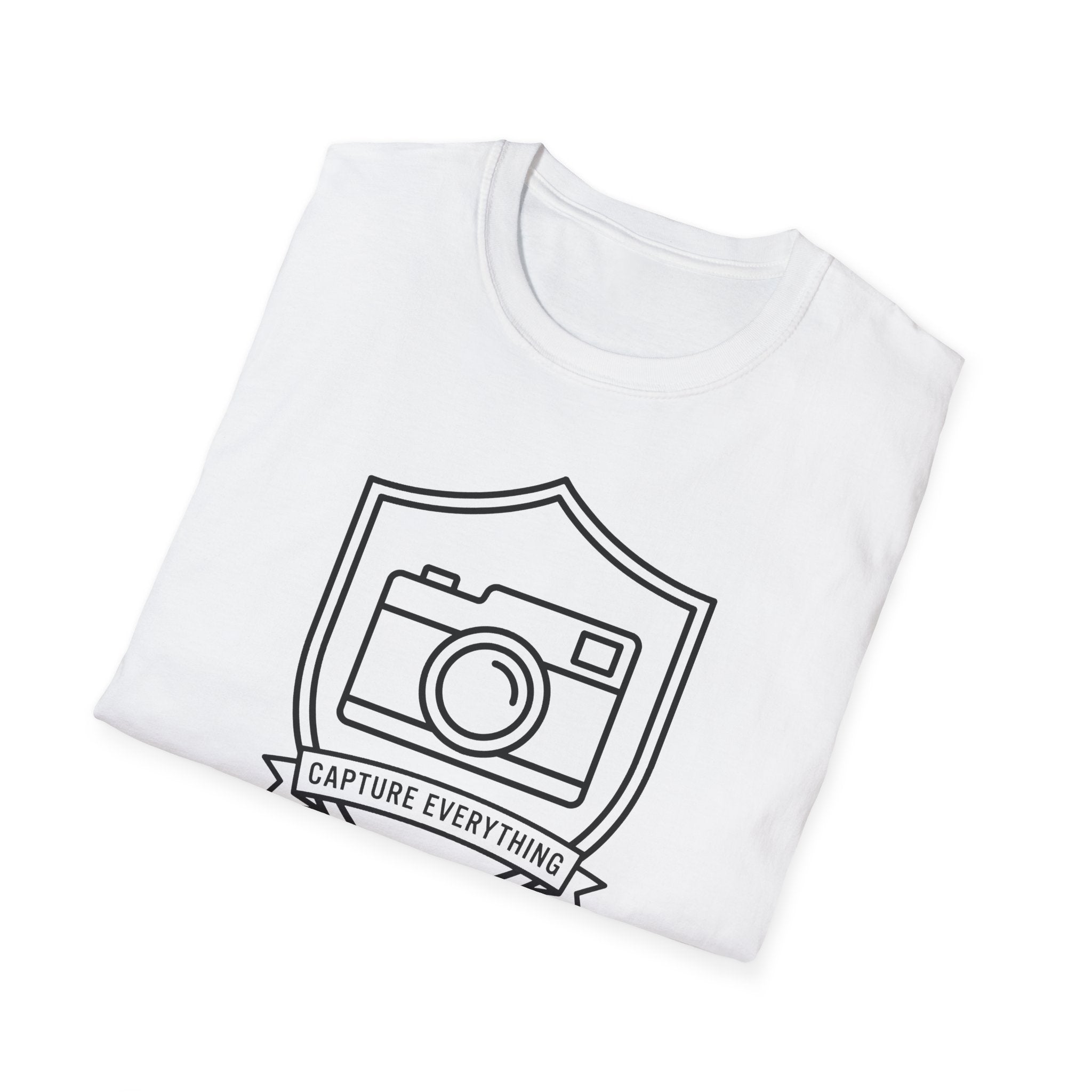 White T-shirt with camera emblem graphic and “Capture Everything” text