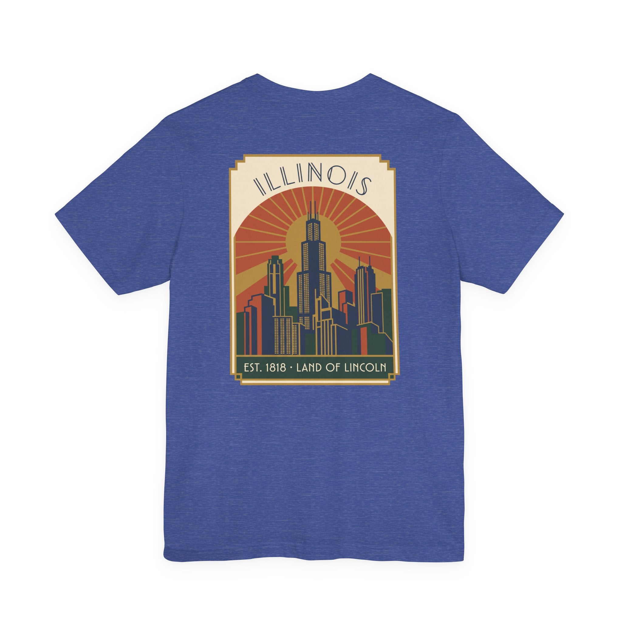Heather true royal blue art deco T-shirt with Illinois skyline graphic and retro badge