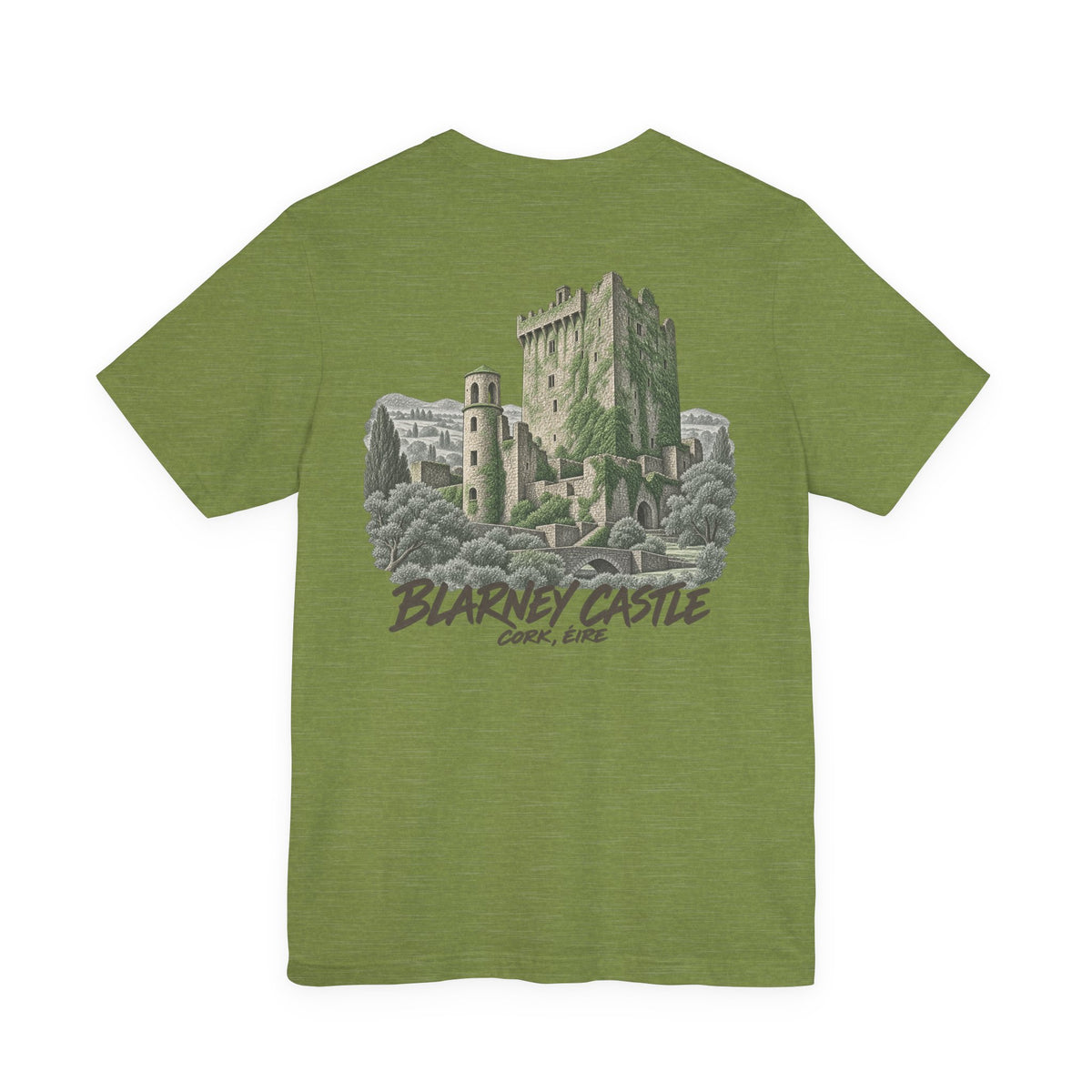 Green T-shirt with large castle graphic and vintage-style text on the back.