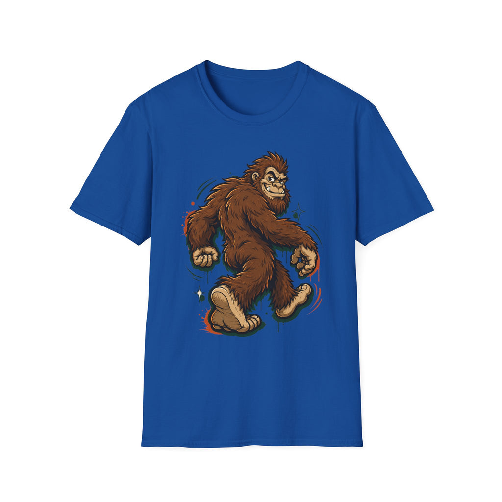 Royal blue crew-neck t-shirt with smirking sasquatch cartoon graphic