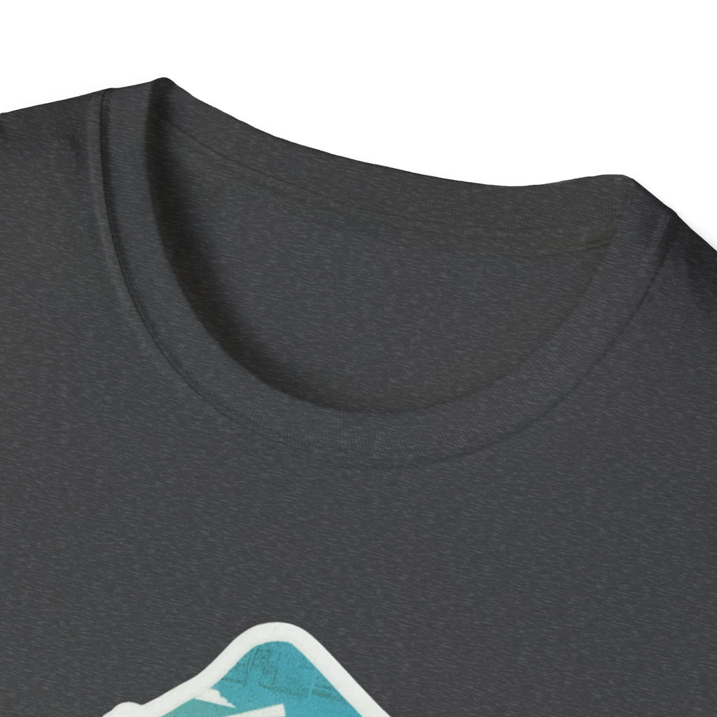 Dark heather T-shirt crew neck with partial colorful graphic at the chest.