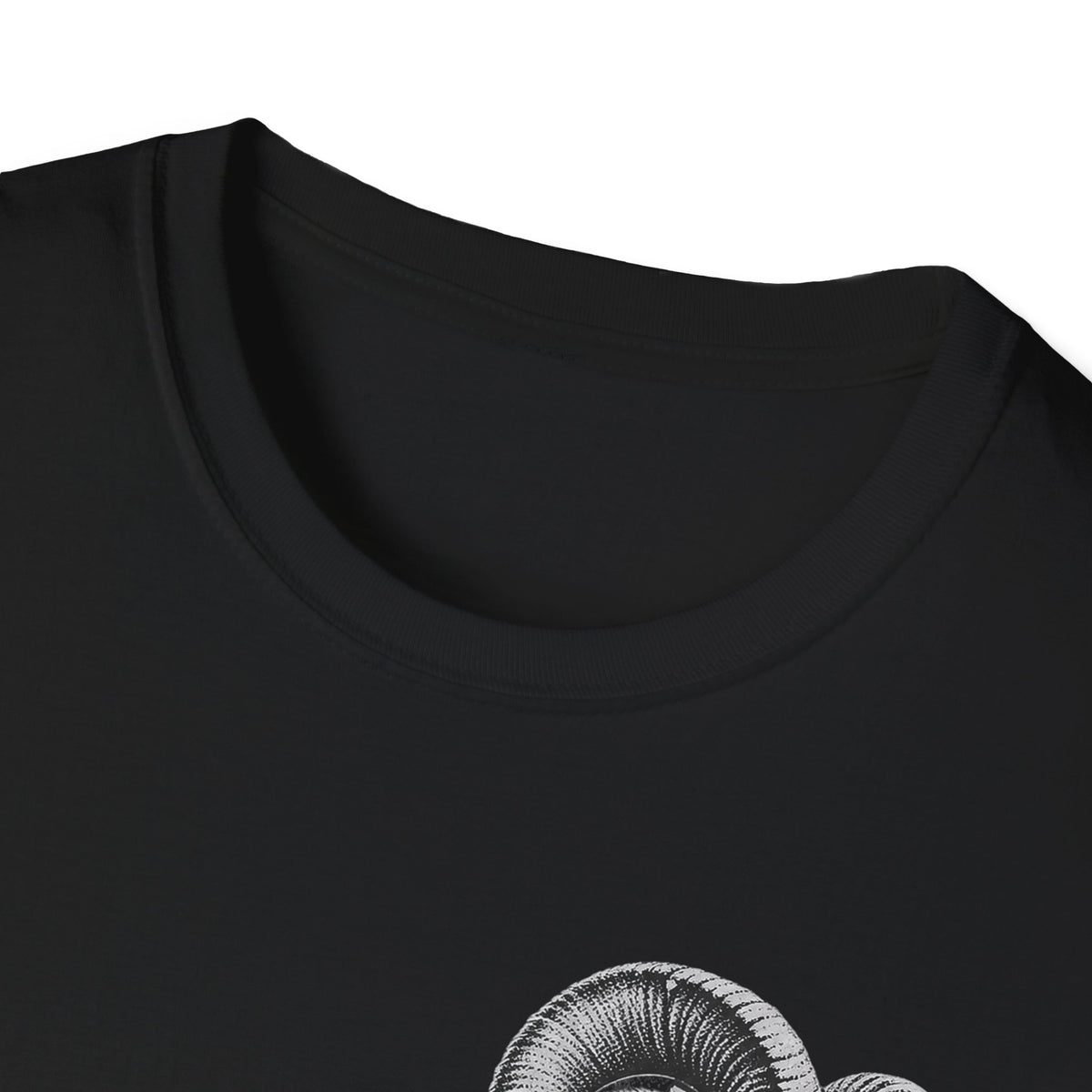 Black t-shirt close-up of crew neck and partial bighorn sheep graphic