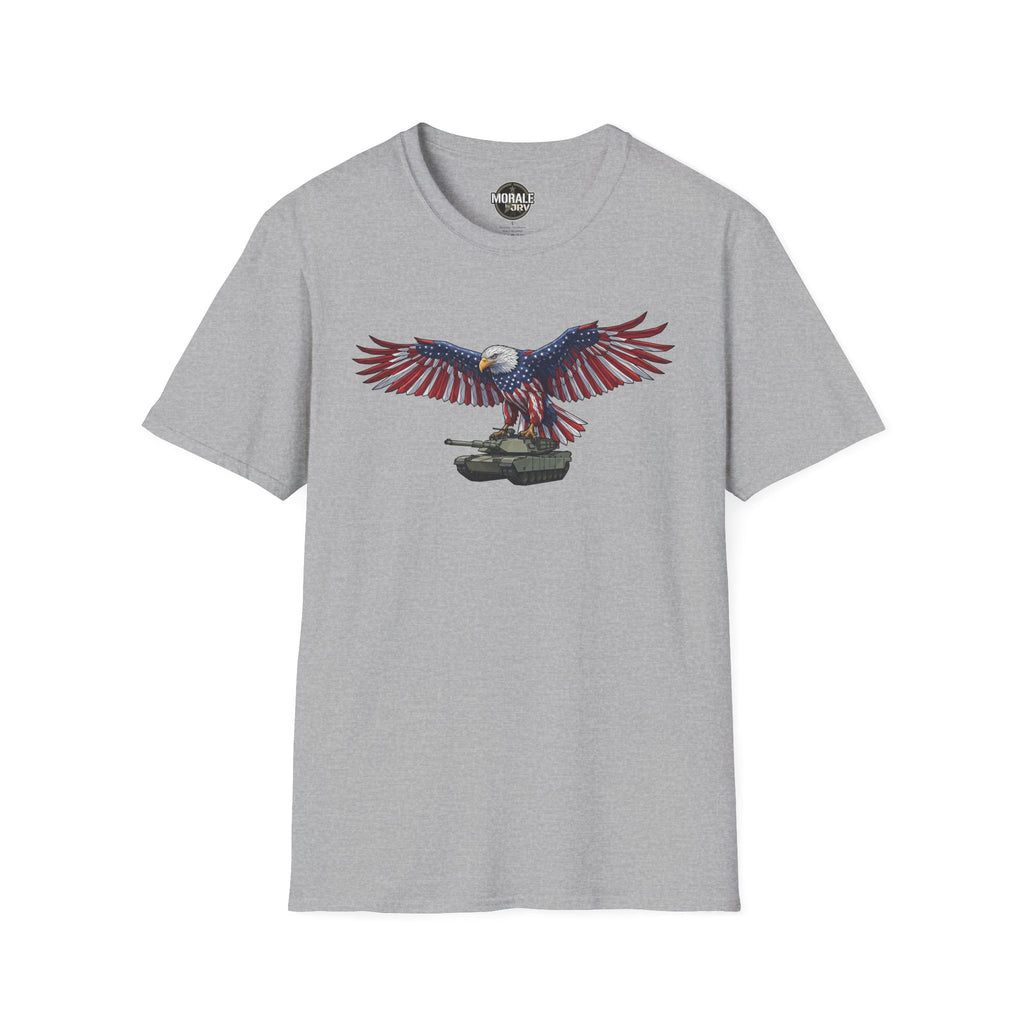 Heather gray T-shirt with bald eagle spreading wings over M1 Abrams tank artwork