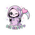 Cute grim reaper kiss-cut sticker: purple hooded character holding pink heart