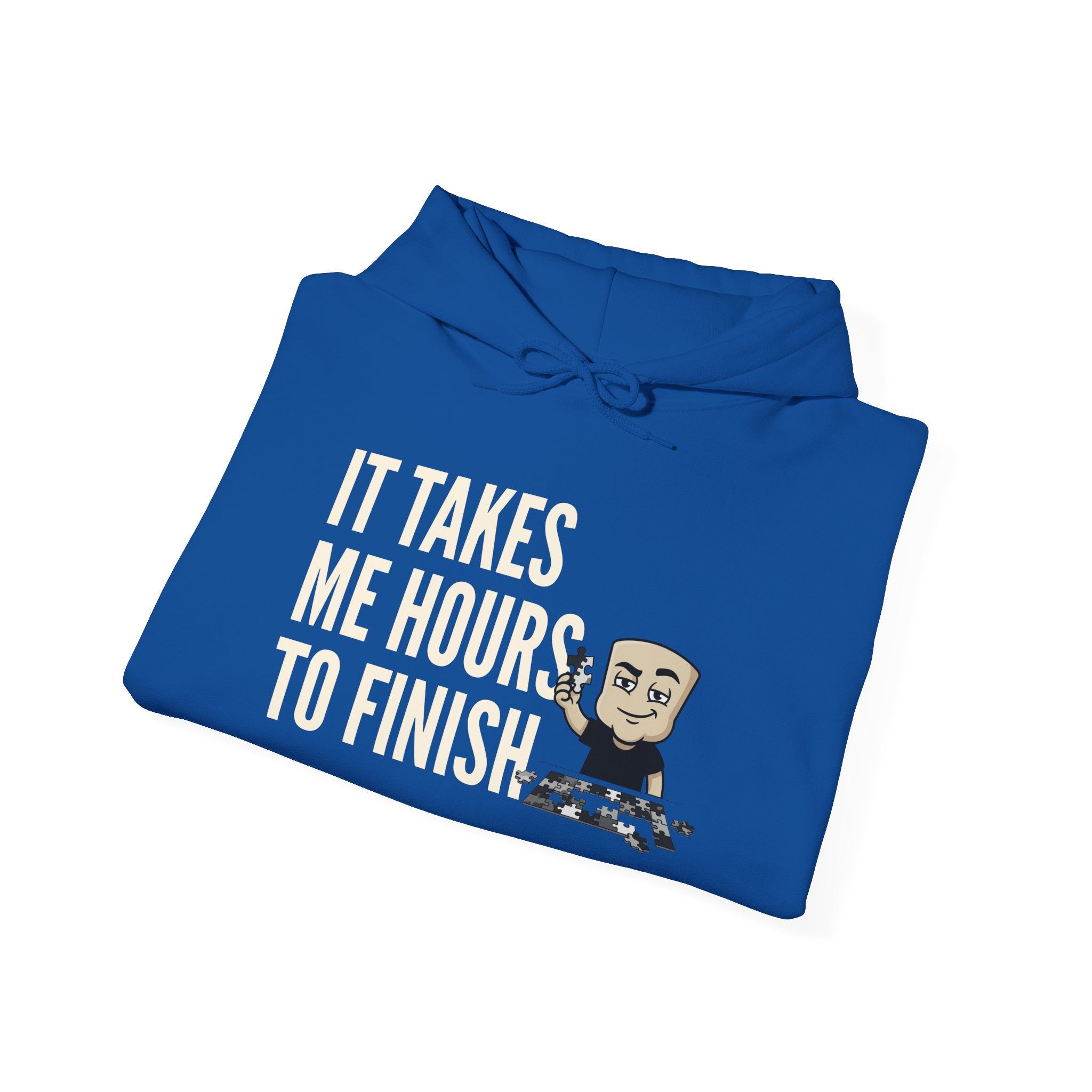 Royal blue hoodie with "It takes me hours to finish" chess graphic