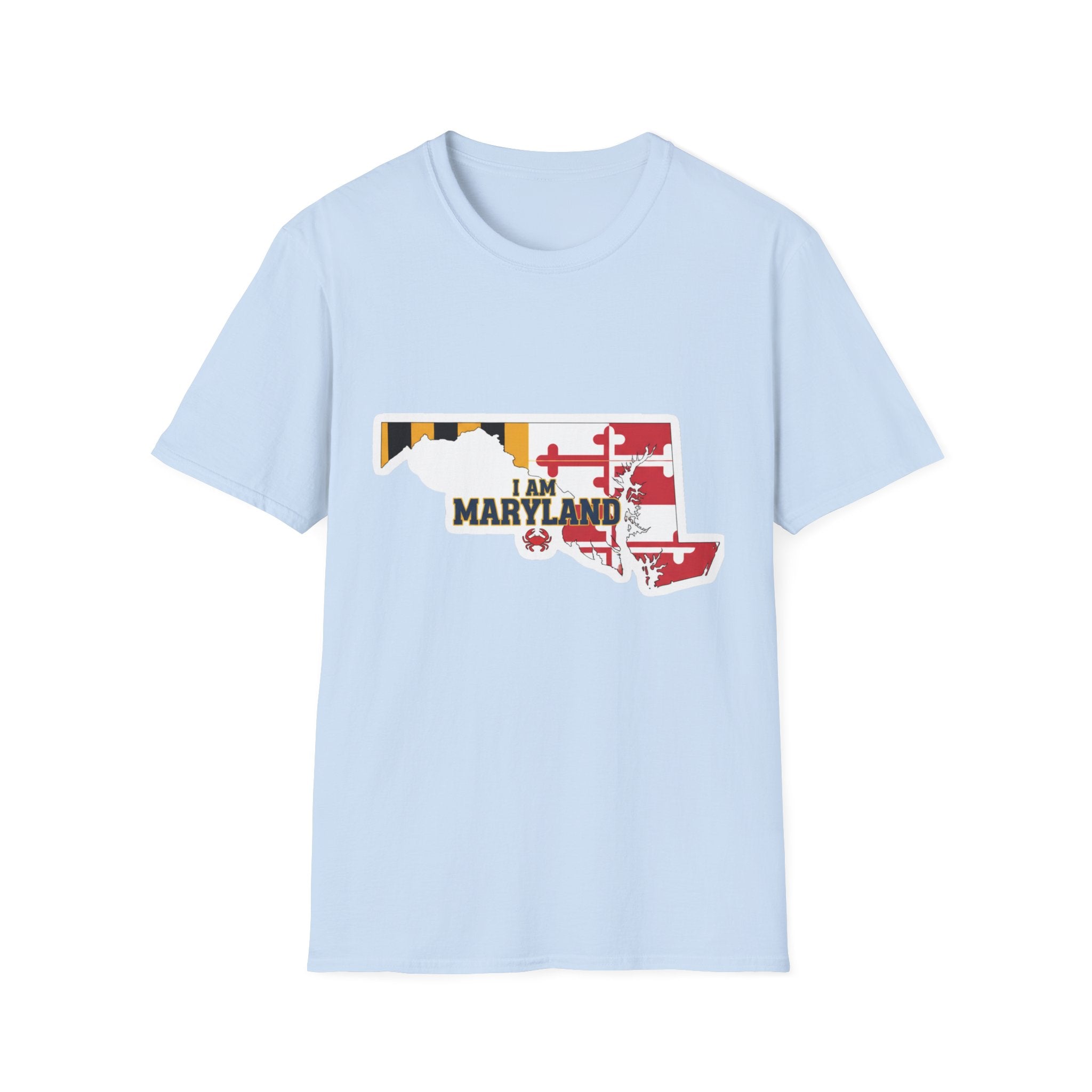 Light blue Maryland state outline flag t-shirt with “I AM MARYLAND” graphic