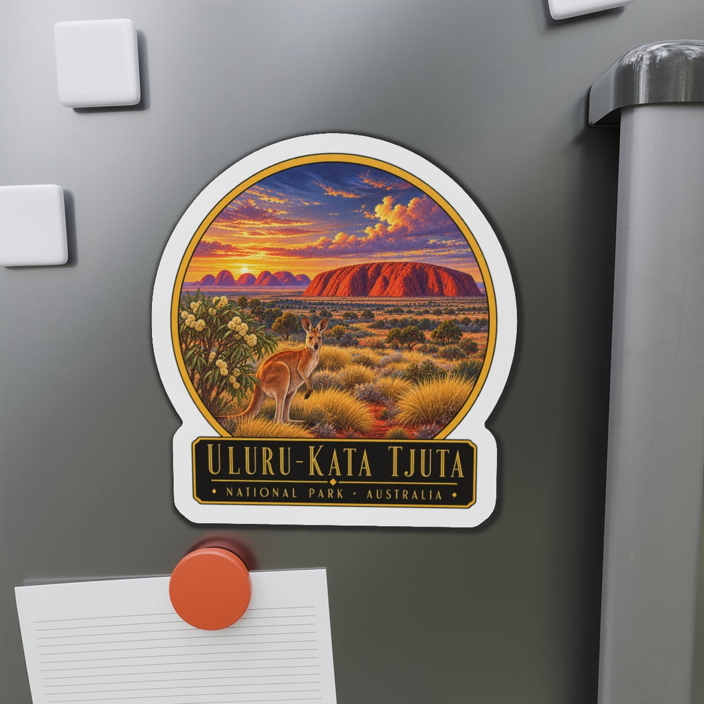 Die-cut vinyl fridge magnet: Uluru-Kata Tjuta sunset desert artwork with kangaroo and shrubs