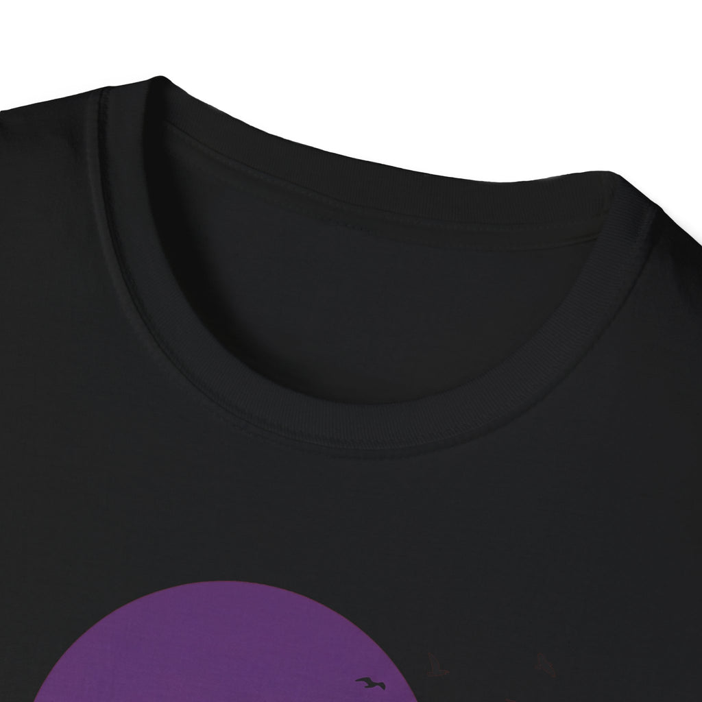Black T-shirt close-up of purple moon and small flying birds graphic