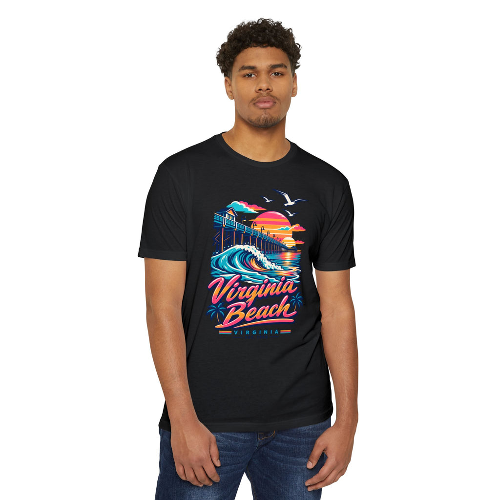 Black graphic T-shirt with colorful pier waves, seagulls, and “Virginia Beach” logo