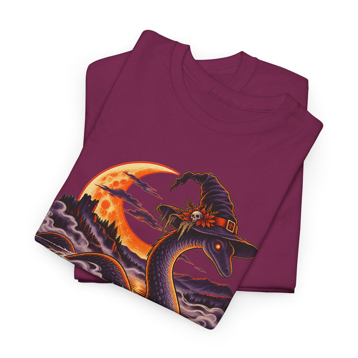Maroon crewneck T-shirt with colorful cryptid graphic on front
