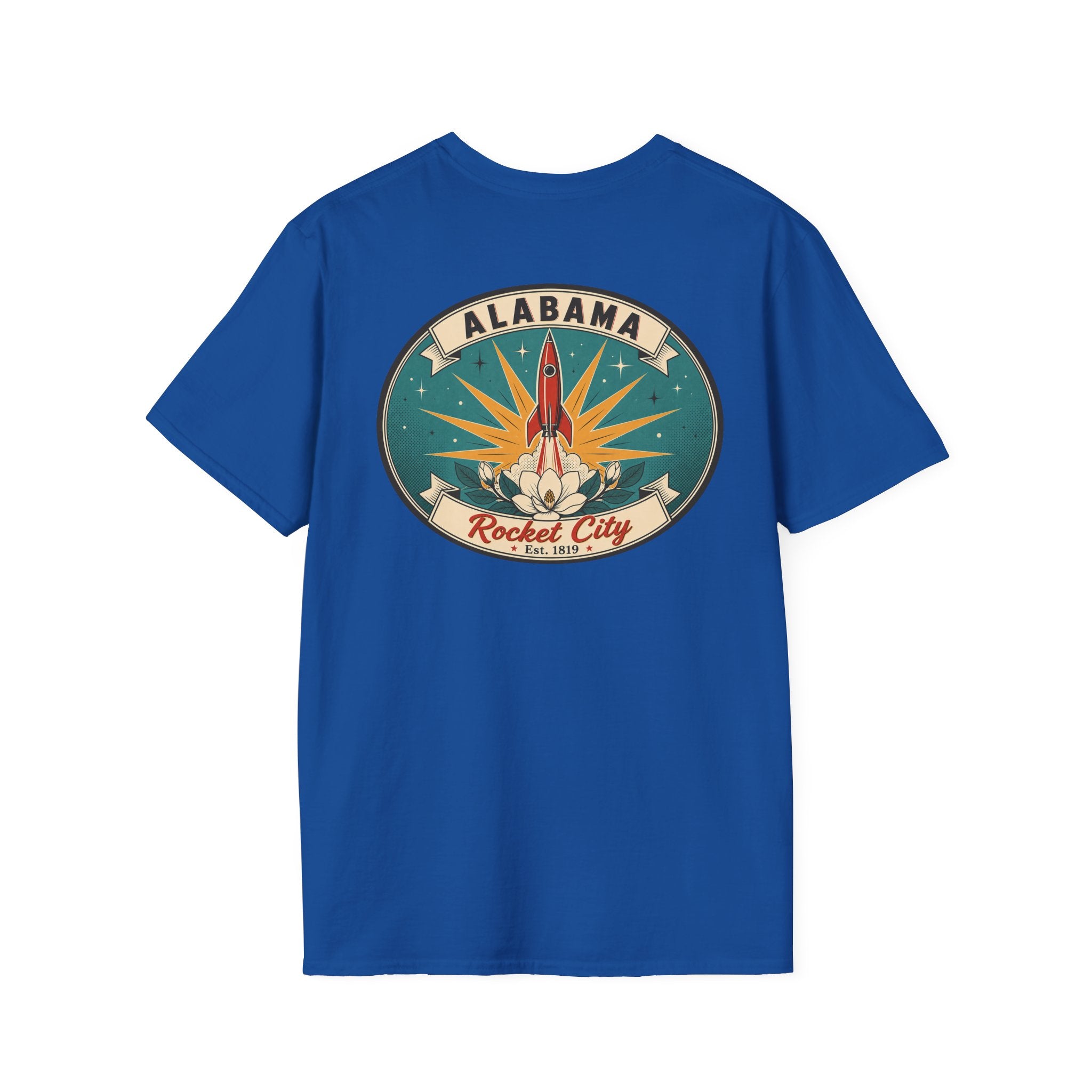 Royal blue T-shirt with circular Alabama Rocket City rocket graphic on chest