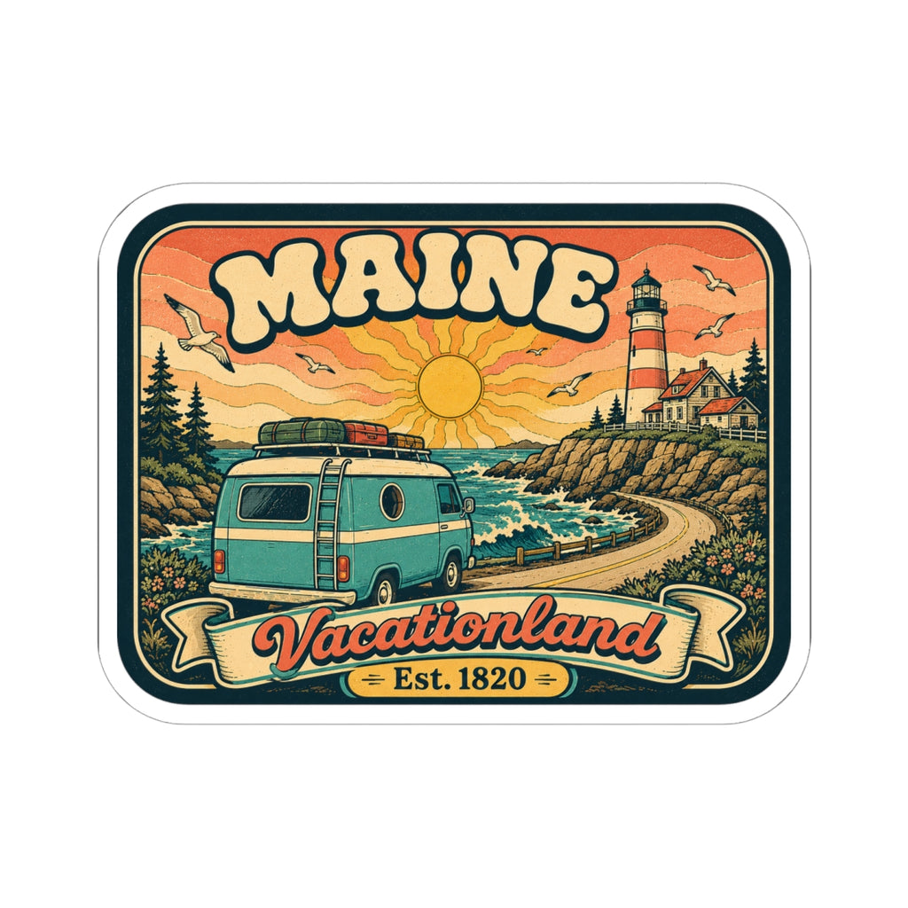 Maine retro sticker with sunlit waves, teal van, and tall lighthouse scene