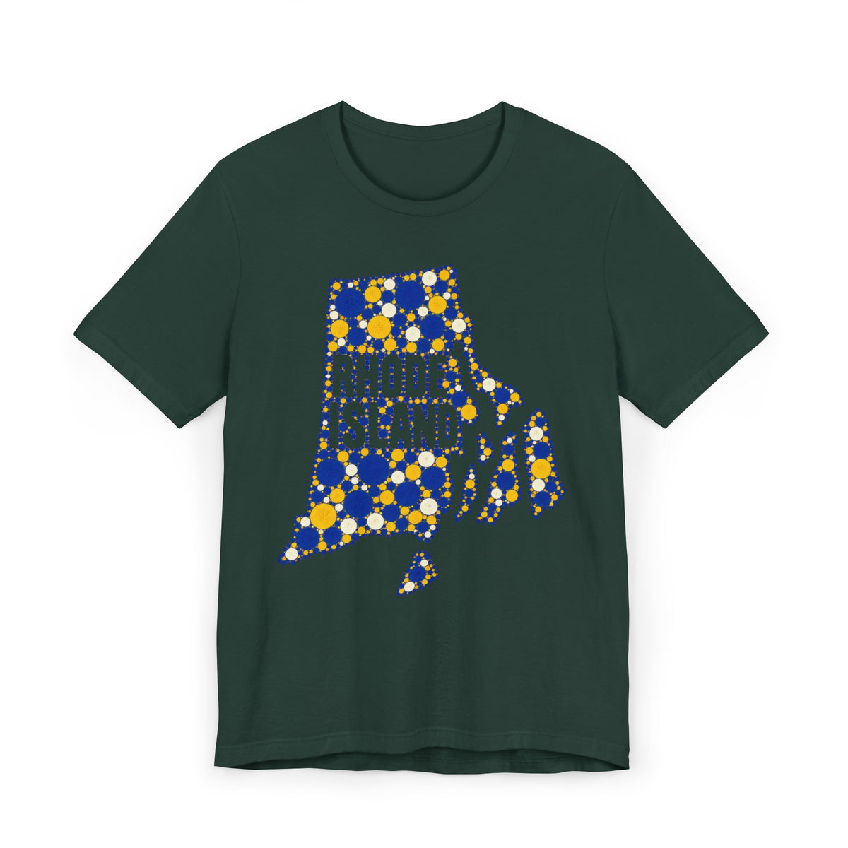 Dark green t-shirt with blue and yellow polka-dot Rhode Island outline graphic