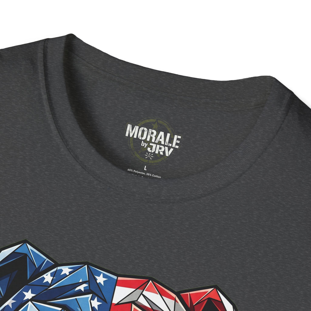 Charcoal T-shirt neckline label: “MORALE by JTR”, 100% cotton