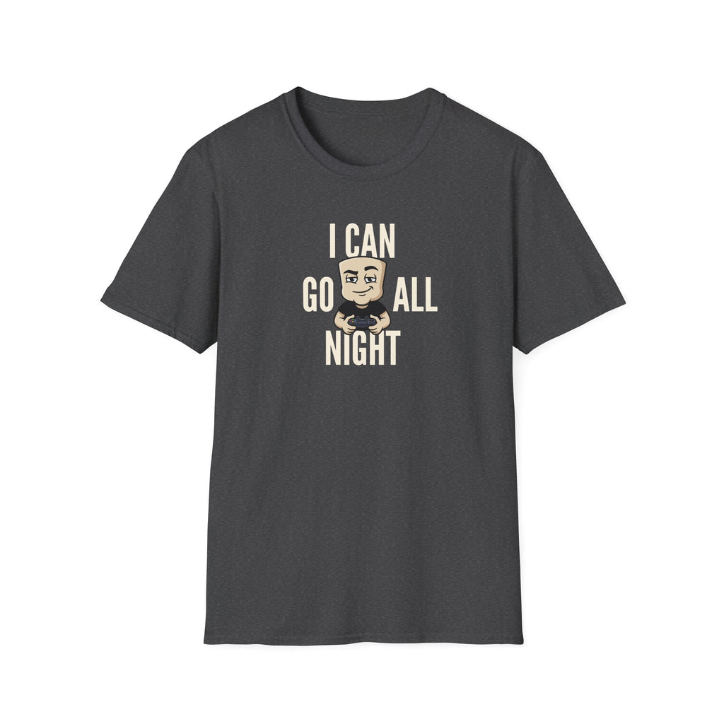 Dark gray T-shirt with gamer controller quote graphic, crew neck short sleeves