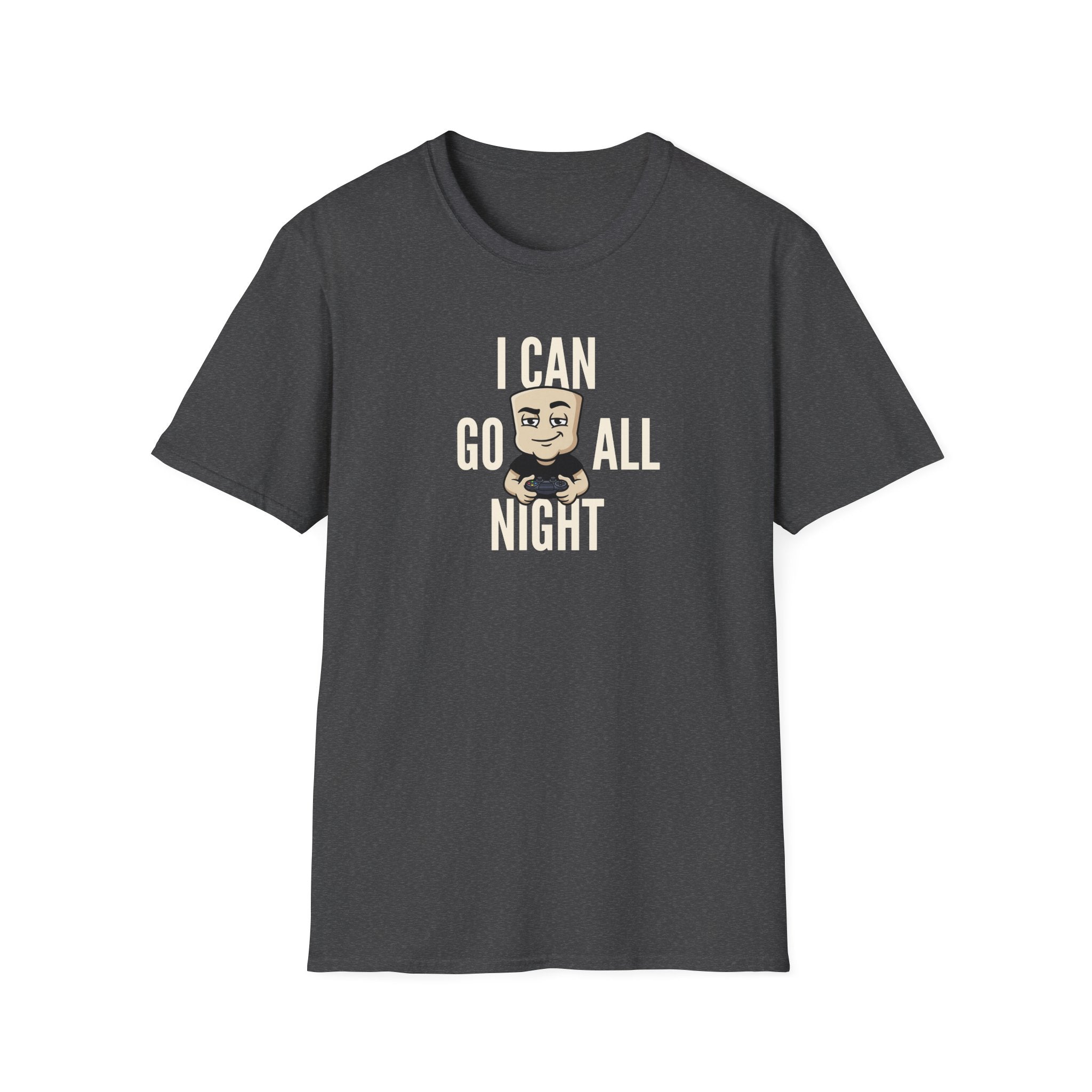 Dark gray T-shirt with gamer controller quote graphic, crew neck short sleeves