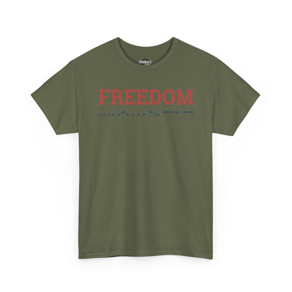 Military green T-shirt with red “FREEDOM” and blue Morse code-style line graphic.