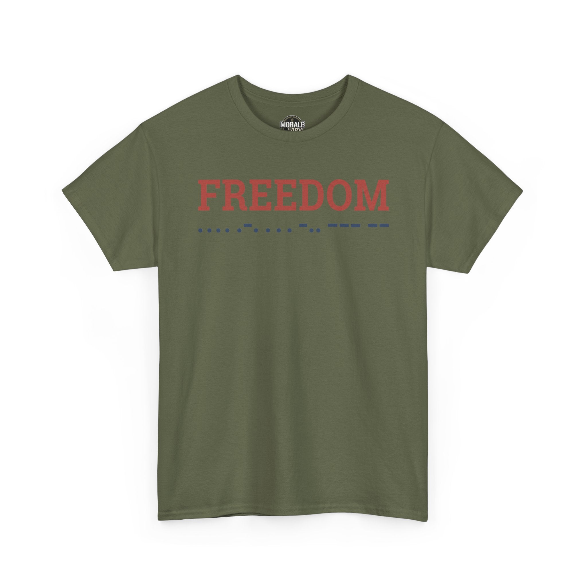 Military green T-shirt with red “FREEDOM” and blue Morse code-style line graphic.