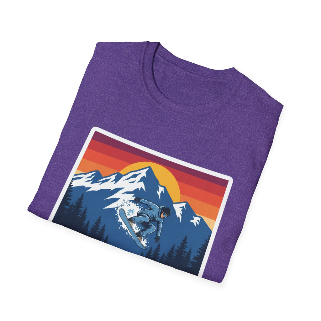 Heather purple T-shirt with mountain sunset graphic on the front