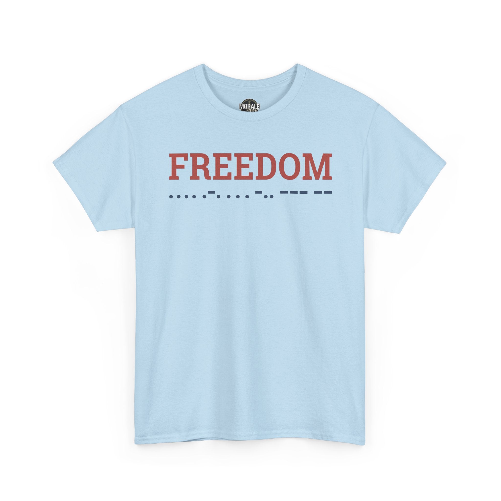 Light blue T-shirt with red “FREEDOM” text and blue Morse code-style graphic.