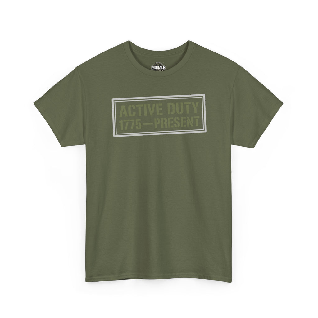 Military green crewneck t-shirt with "Active Duty 1775–Present" graphic front