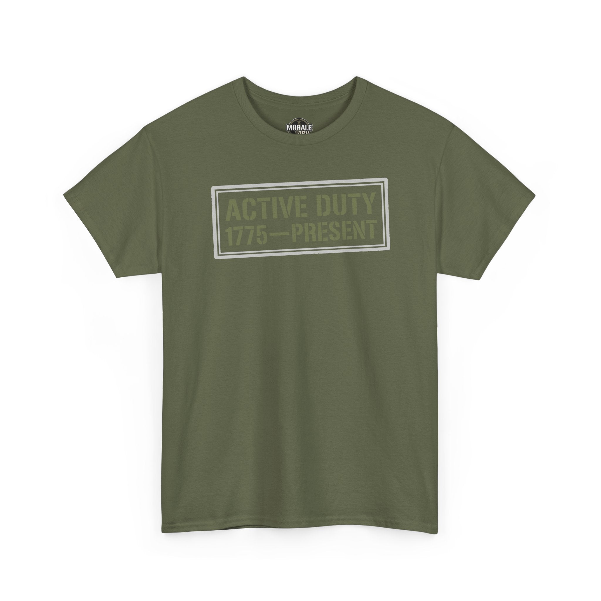 Military green crewneck t-shirt with "Active Duty 1775–Present" graphic front