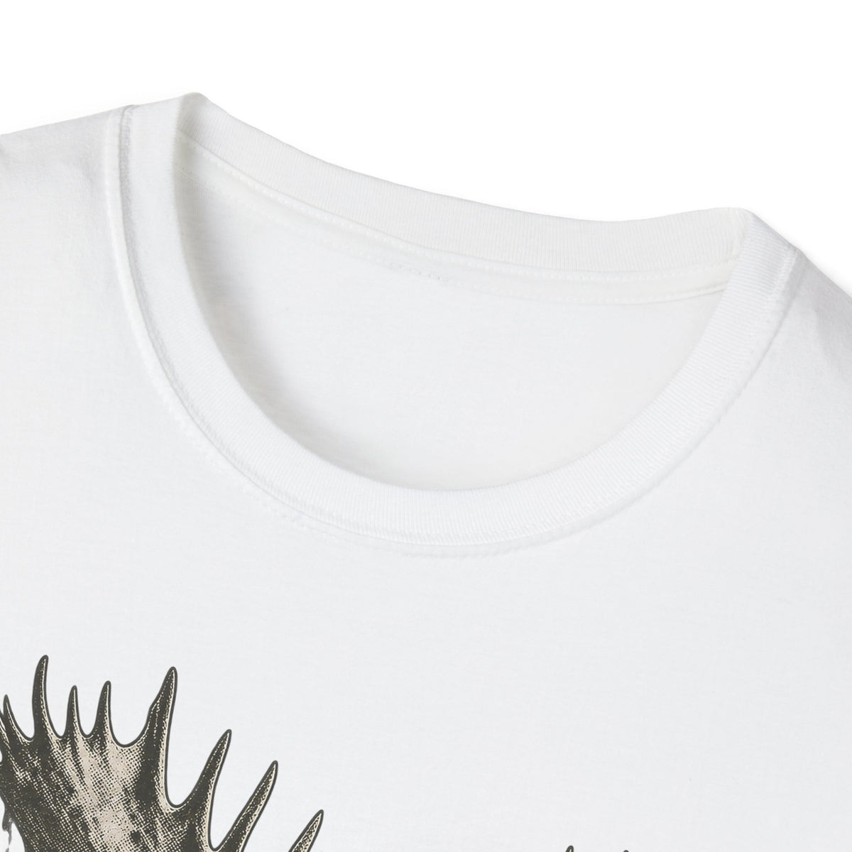 White crew-neck T-shirt with partial moose antler graphic at lower left