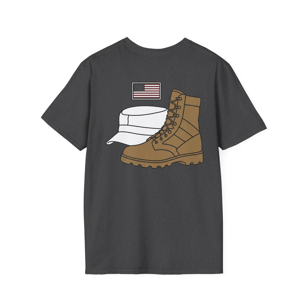Dark charcoal T-shirt with US flag, cap, and tan combat boot graphic