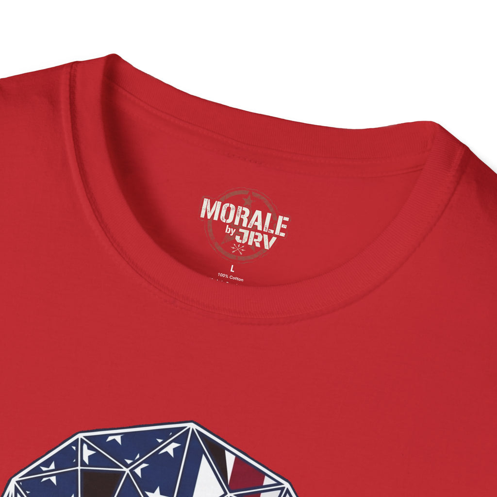 Back of red T-shirt with 'MORALE by JTR' logo
