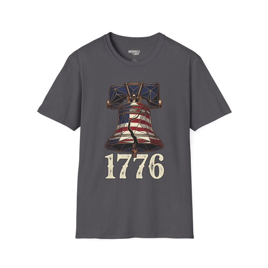 Liberty Bell 1776 T-shirt, dark heather gray, patriotic bell and “1776” front print