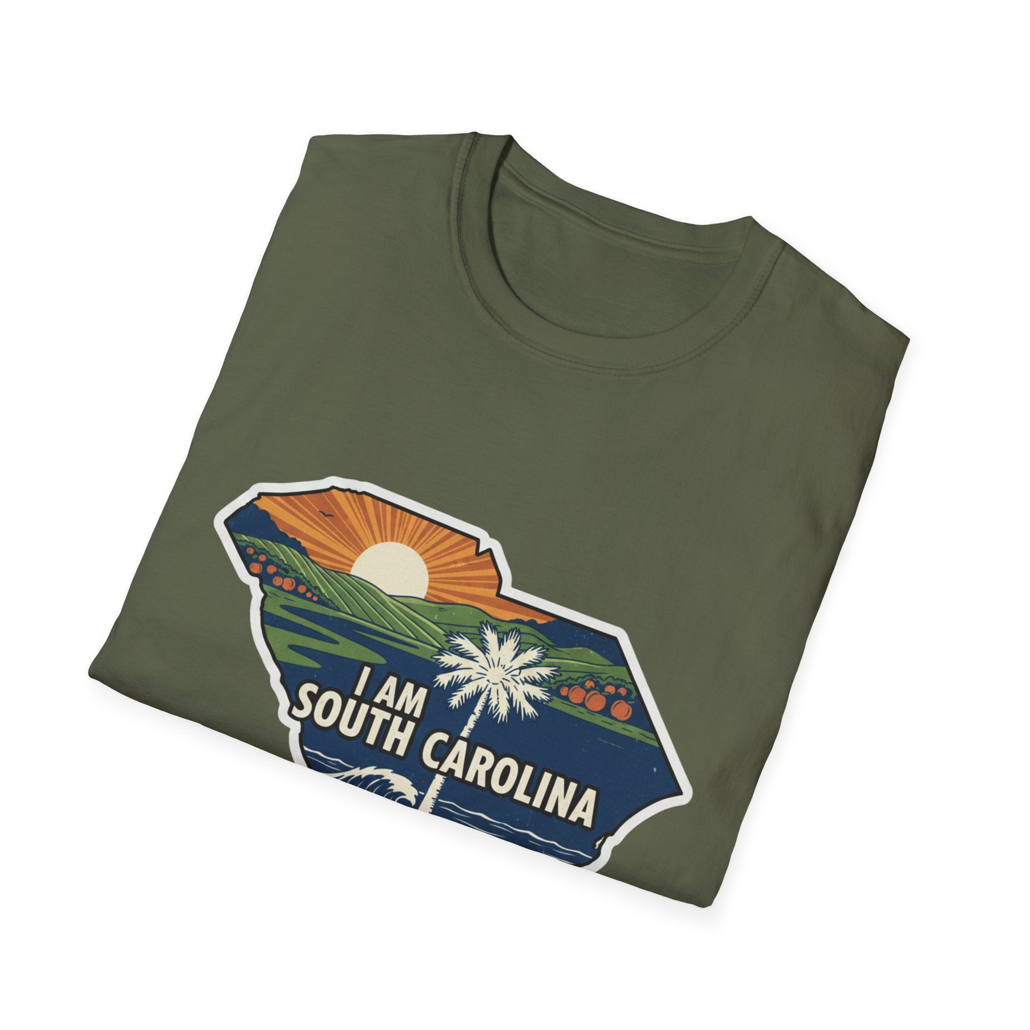 South Carolina map T-shirt in military green with front state graphic print