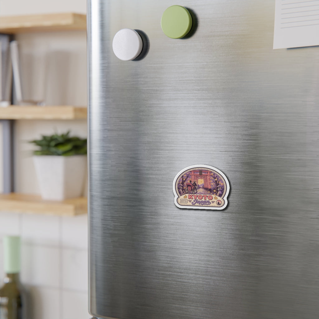 Die-cut Kyoto Japan torii gate magnet on stainless refrigerator, round-trim sticker design
