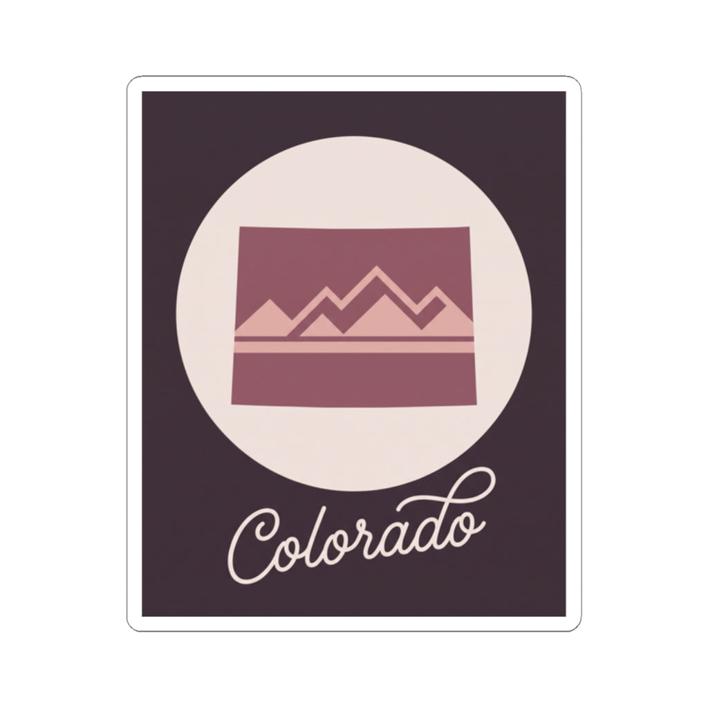 Dark purple Colorado sticker with mauve landscape graphic and white “Colorado” script