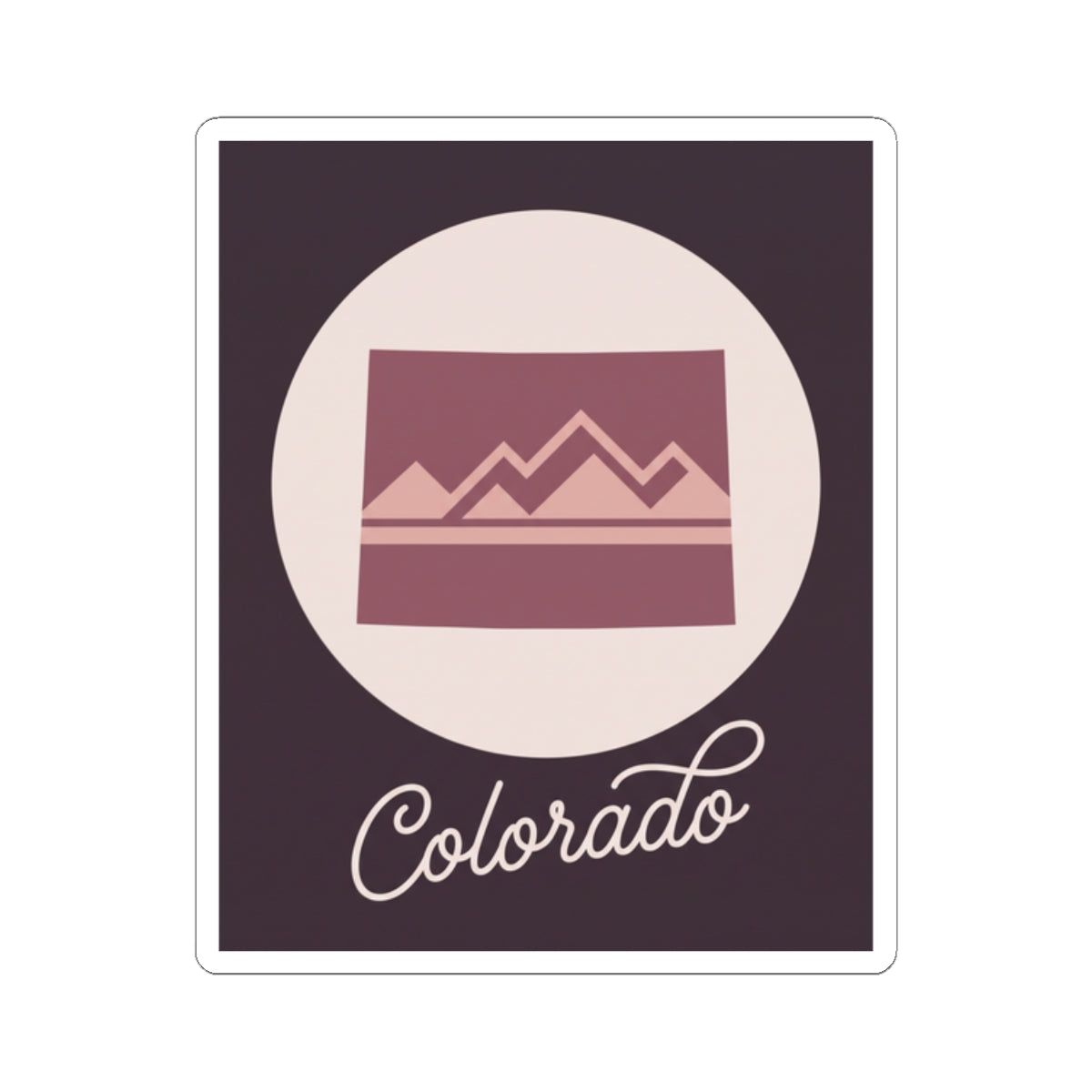 Dark purple Colorado sticker with mauve landscape graphic and white “Colorado” script