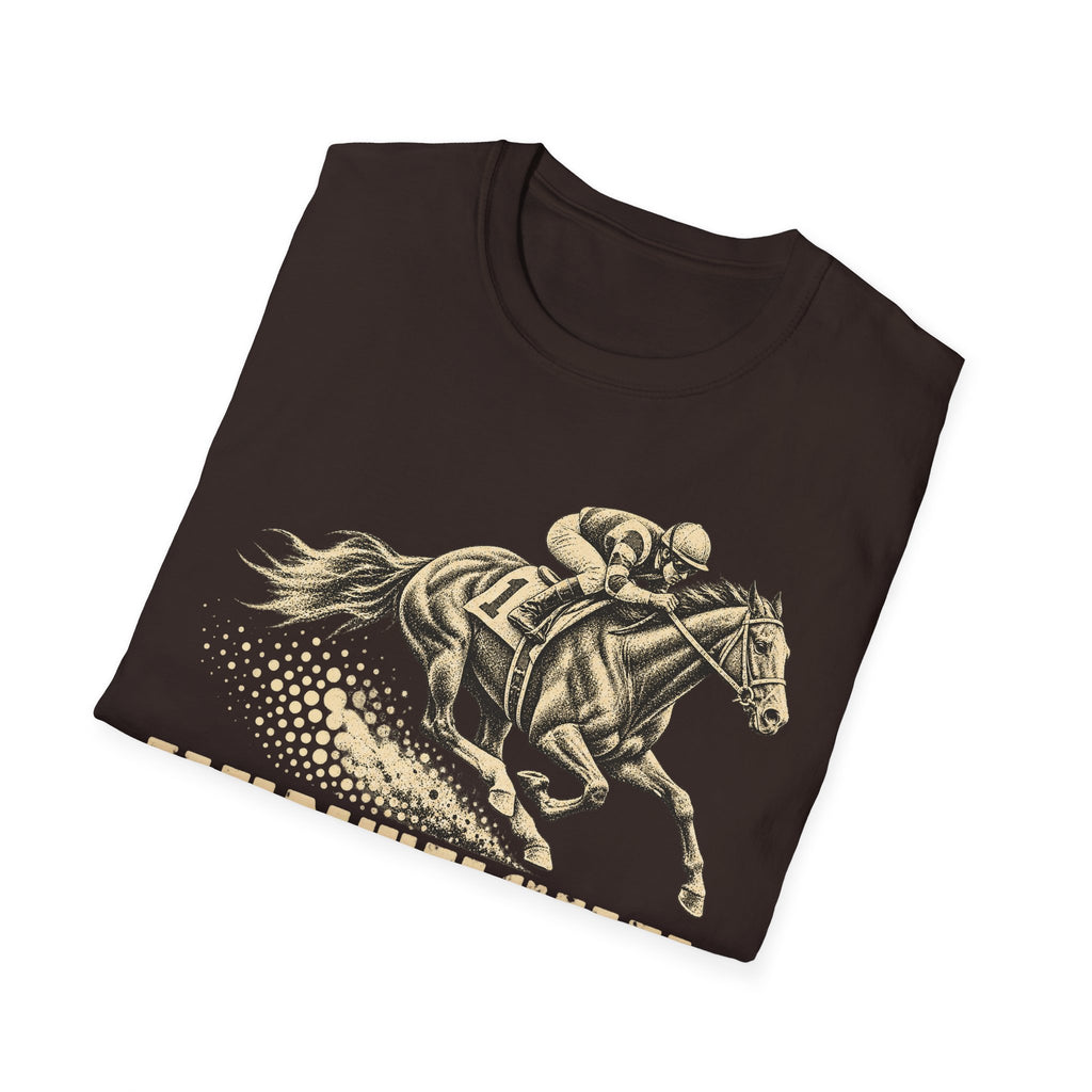 Dark brown t-shirt with gold jockey and galloping racehorse graphic across chest