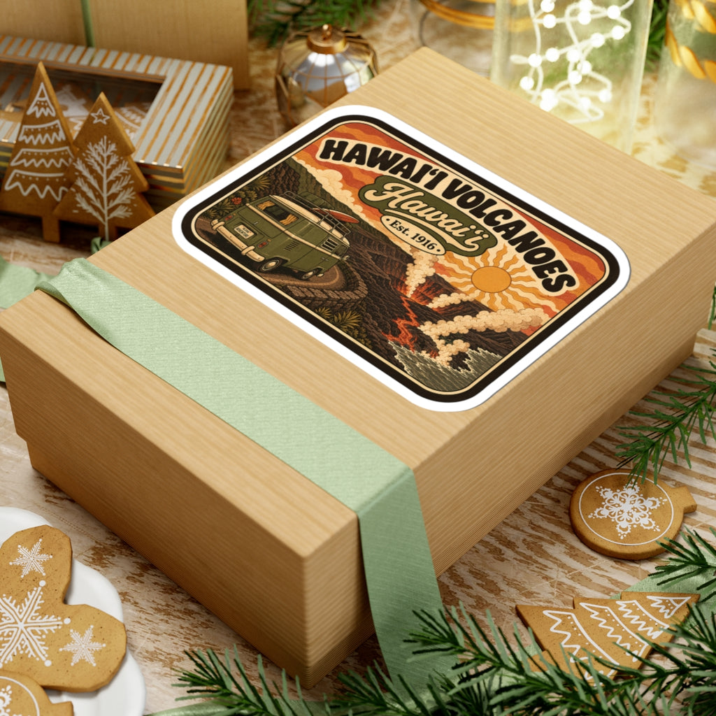 Kiss-cut travel sticker with Hawaii Volcanoes artwork on a wrapped gift box